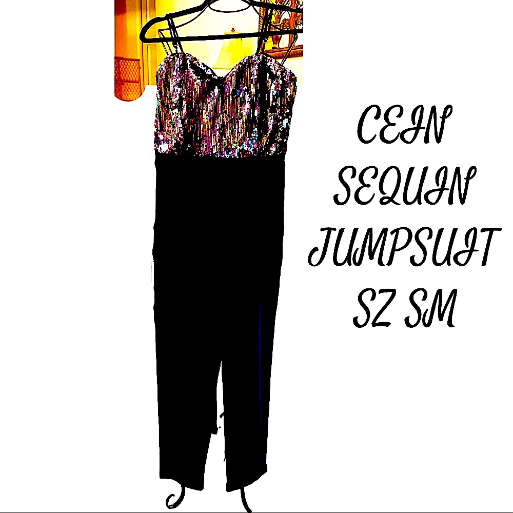 SEQUIN TOP JUMPSUIT SZ SM SILKY WITH SPAGHETTI STRAPS ZIP UP BACK Good Stretch